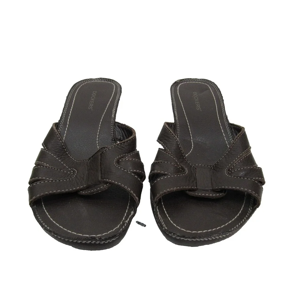 Dockers Womens Dark Brown‎ Leather Wedge Slide Sandals Size 7.5W